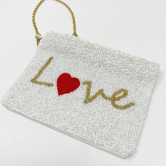 Love Heart Beaded Zip Pouch Gold Chain Handle - Picture 2 of 7